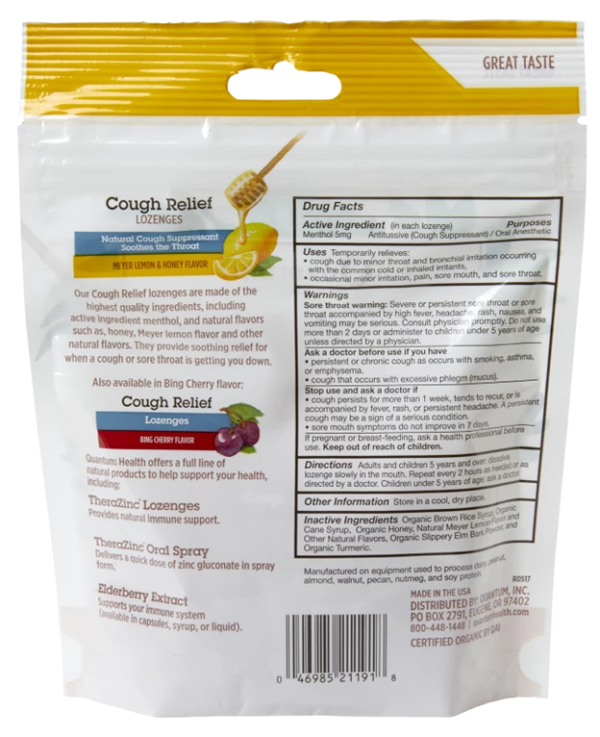 Quantum Health Cough Relief Lozenges Meyer Lemon & Honey Organic 18ct For Discount