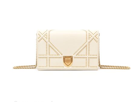 Christian Dior Diorama Wallet on Chain in White Calfskin Studded Gold Hot on Sale