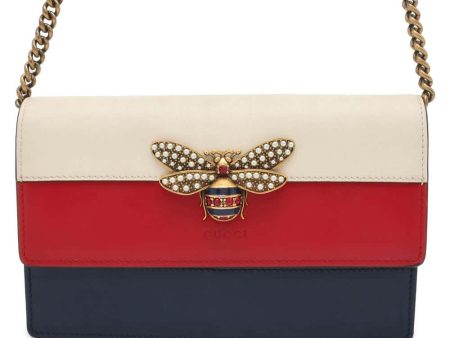 GUCCI Chain Wallet Queen Margaret Bee Red White Navy 476079 Leather For Cheap