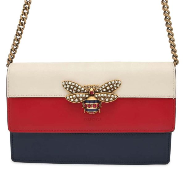 GUCCI Chain Wallet Queen Margaret Bee Red White Navy 476079 Leather For Cheap