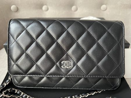 Chanel Black Lambskin Wallet on Chain with silver hardware For Sale