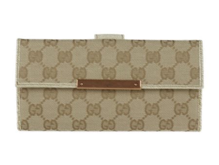 Gucci Bifold Wallet 112715 GG Canvas Leather Gold Beige Ivory Bronze Hardware W Hook Long Logo Plate Online Hot Sale