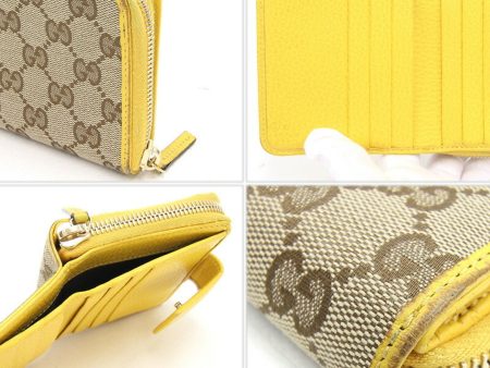 GUCCI Bifold Round Wallet GG Small Zip 346056 Beige Yellow Canvas Leather Ladies Double G Online