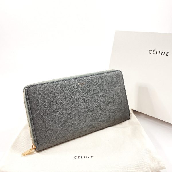 CELINE Long Wallet Purse 105003 leather gray Zip Around Large Zipped Multi-Function Women Used on Sale