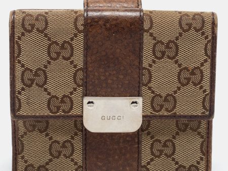 Gucci Brown Beige GG Canvas and Leather Flap French Wallet Online Hot Sale