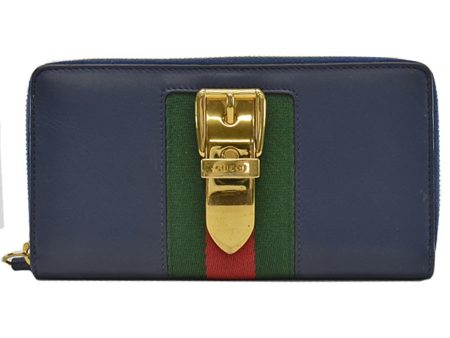 Gucci Long Wallet Silvi Navy x Gold Green Red Leather Metal Material Canvas Round Zipper Women s 476083 For Discount