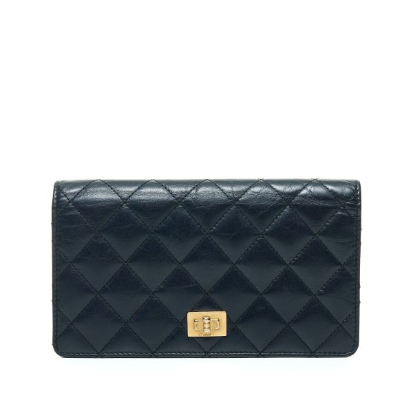 2.55 Reissue Long Fold Navy Wallet in Distressed Leather, Gold hardware Sale