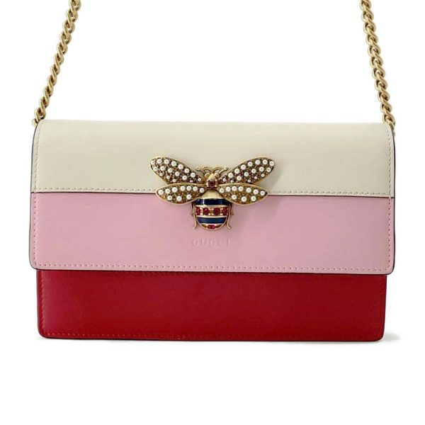 GUCCI Queen Margaret Bee Chain Wallet Pink Red White 476079 Leather Supply