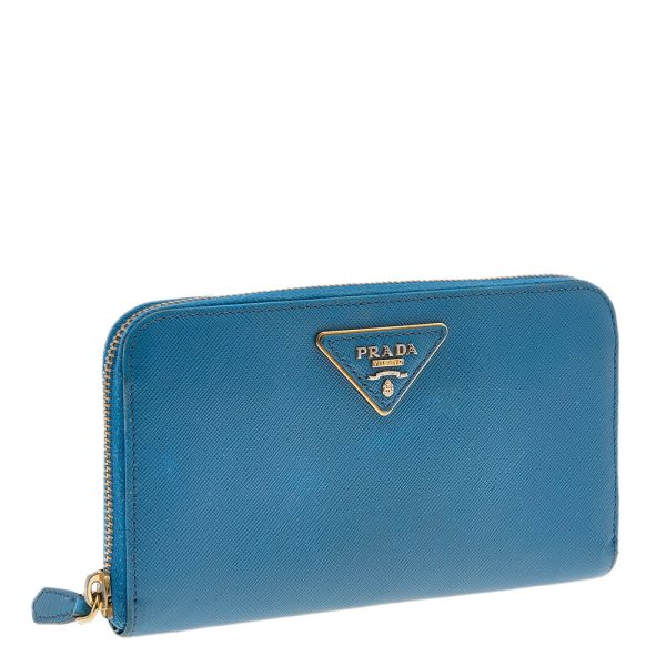 Prada Blue Saffiano Leather Zip Around Wallet Cheap