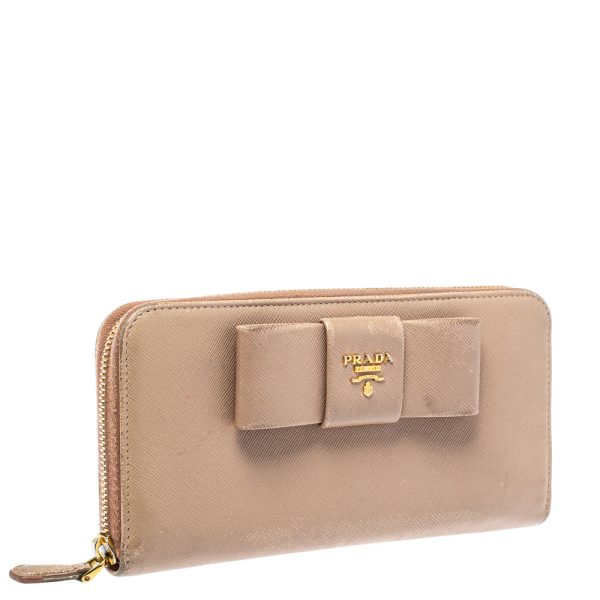 Prada Beige Saffiano Leather Bow Zip Around Wallet Discount