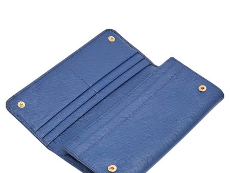 Prada Blue Saffiano Metal Leather Flap Continental Wallet For Sale