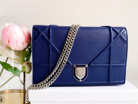 Dior Wallet on Chain Blue Grained Leather on Sale